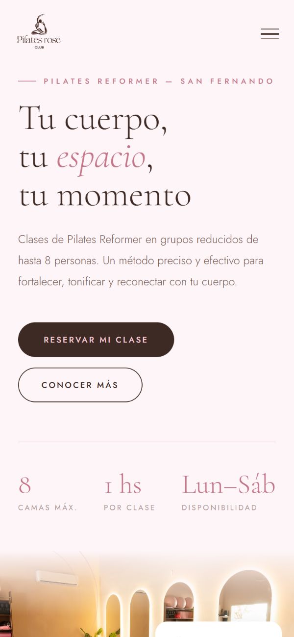 Sitio de Pilates Rosé Club en el celular